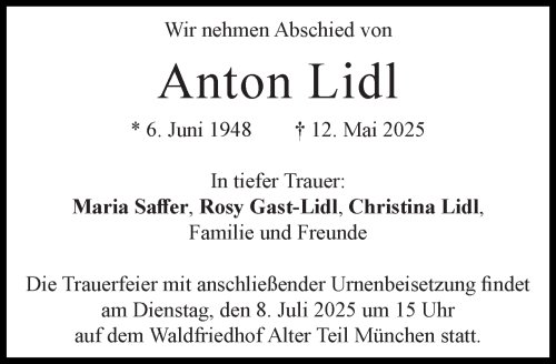 Sterbefall Anton Lidl